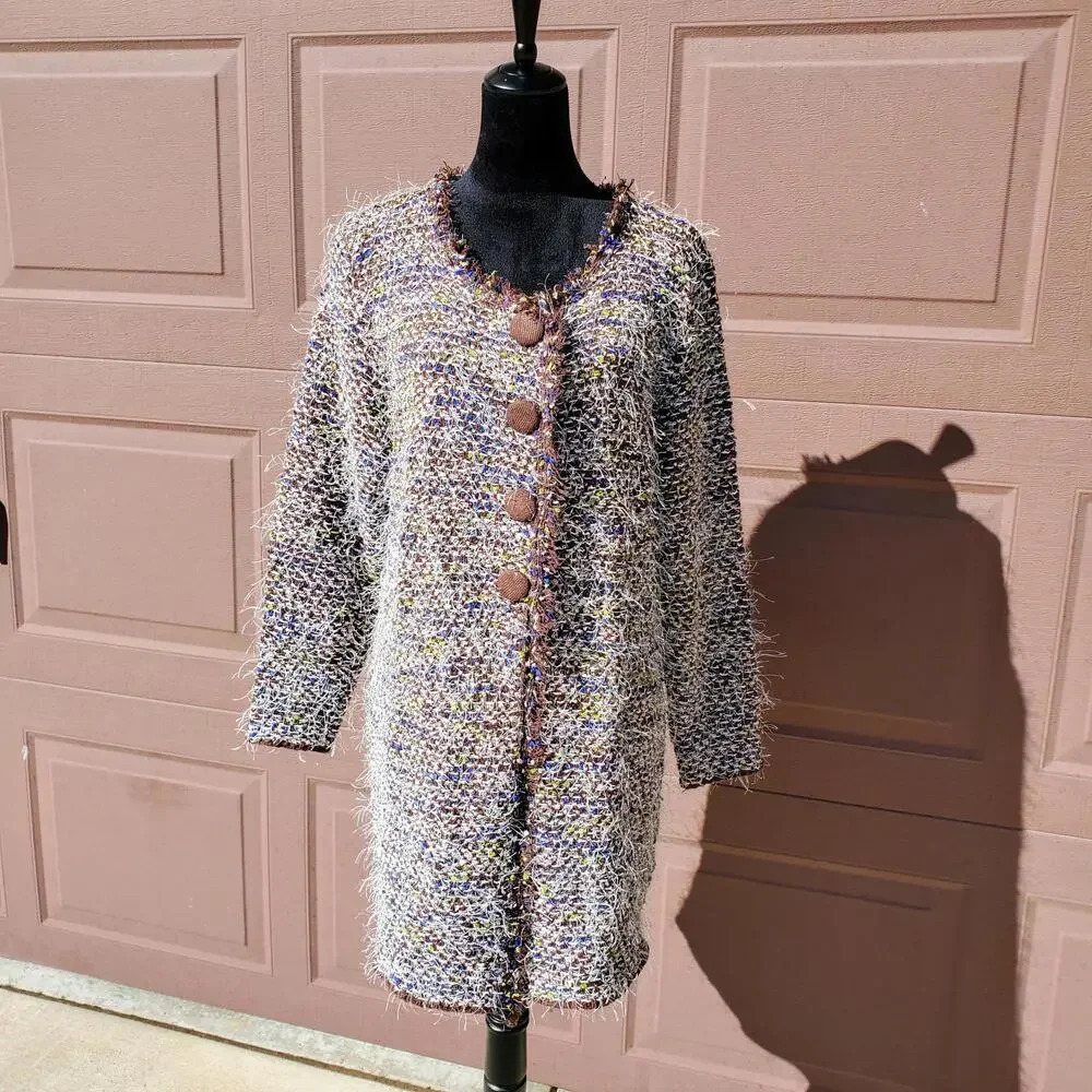 Creation L Brown White Blue Green Fuzzy Women's Cardigan Duster Sweater Size 12